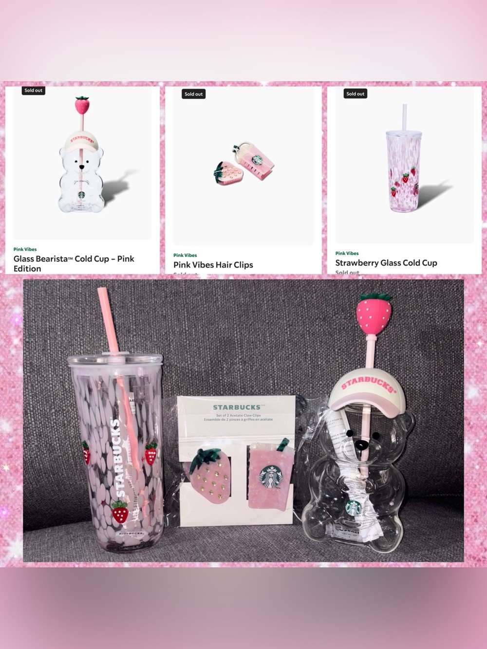 3PC Pink Vibes Starbucks Bearista Limited Edition Bundle! + Hair Clips + 🍓Glass